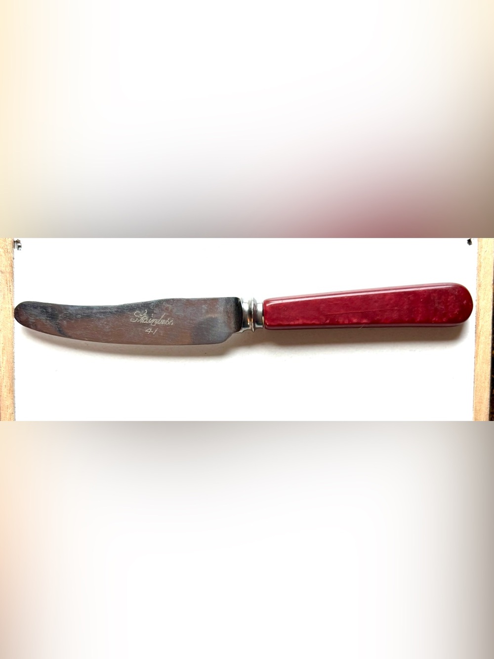 Vintage Mid Century Butter Knife Maroon Celluloid Square Handle Stainless 41